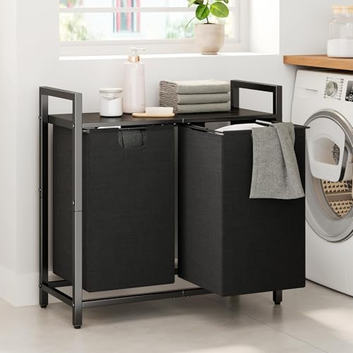 Kitstorack Black Laundry Organizer with Shelf & 2 Removable Bags, 2 x 11.8 Gallons