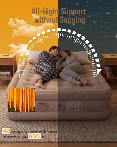 JEASONG Queen Air Mattress with Built-in Pump, 16-Inch Inflatable Bed with Flocked Surface for Camping & Home