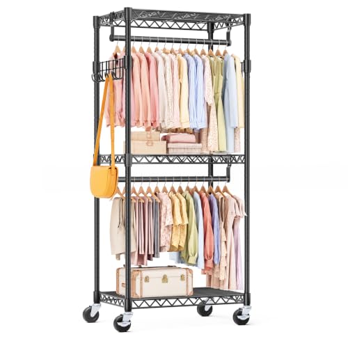 OLIXIS Heavy Duty 23-Inch Rolling Clothes Rack with Lockable Wheels, Black