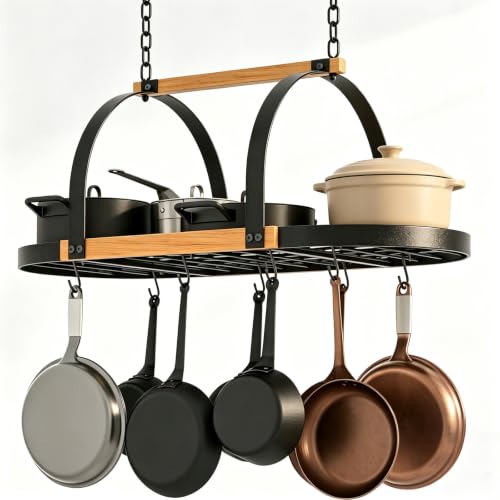 39-Inch Heavy Duty Ceiling Mount Pot Rack with 20 Hooks - Rustic Black & Wood