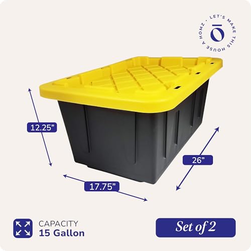 HOMZ Durabilt 15 Gal Plastic Storage Bins with Lids - Black & Yellow, Pack of 2
