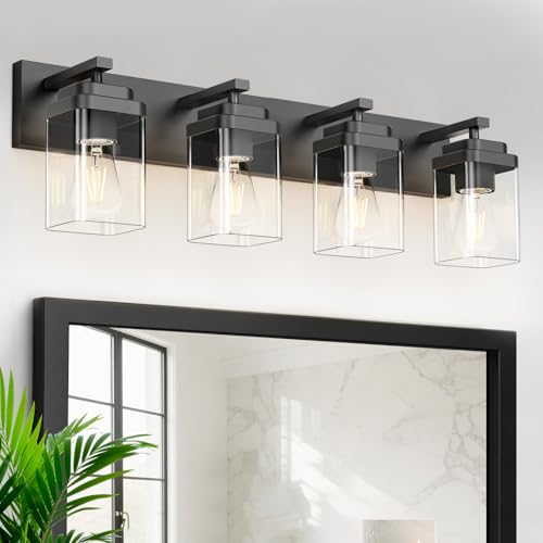 Black 4-Light Bathroom Vanity Light Fixture - 30 Inch Modern Square Design
