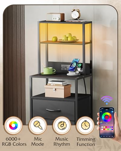 WLIVE 1 Piece Black Tall Nightstand with Charging Station & LED Lights, 3 Fabric Drawers & Open Shelves