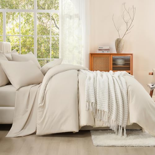 Litanika Oversized King Comforter Set with Sheets Beige - 7 Pieces Bed in a Bag, 120x98 Inches