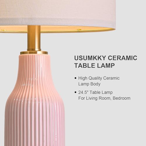 24.5-Inch Dimmable Touch Control Ceramic Table Lamp Set - Pink, 2-Pack with USB A+C Ports - Modern Farmhouse Nightstand Lamps - Variation: 24.5"-TU-Pink