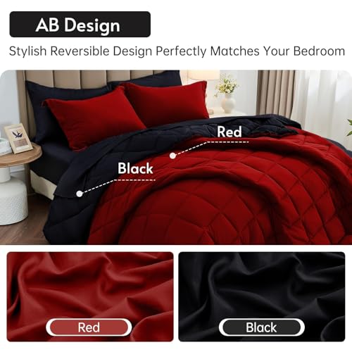 Twin Comforter Set 5-Piece Reversible Bed in a Bag - Red & Black, 68x88