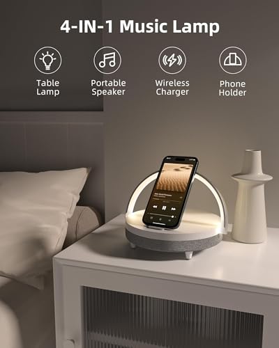 EZVALO White 4-in-1 Bedside Lamp with Bluetooth Speaker & Wireless Charging