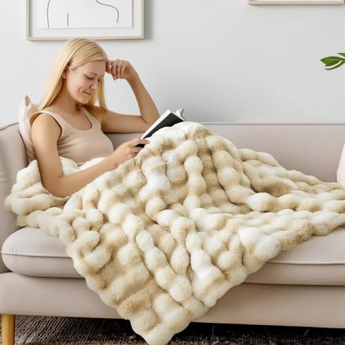 BEDELITE Tie-Dye Khaki Faux Fur Bubble Throw Blanket 50x60 for Couch & Home