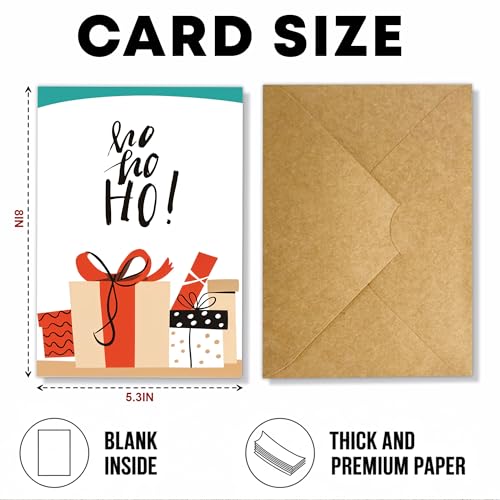 Ho Ho Ho Christmas Card with Festive Gift Box Illustration - Holiday Greeting Card for Friends & Family