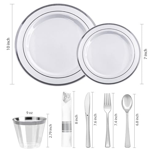realluck 350 PCS White and Silver Plastic Dinnerware Set for 50