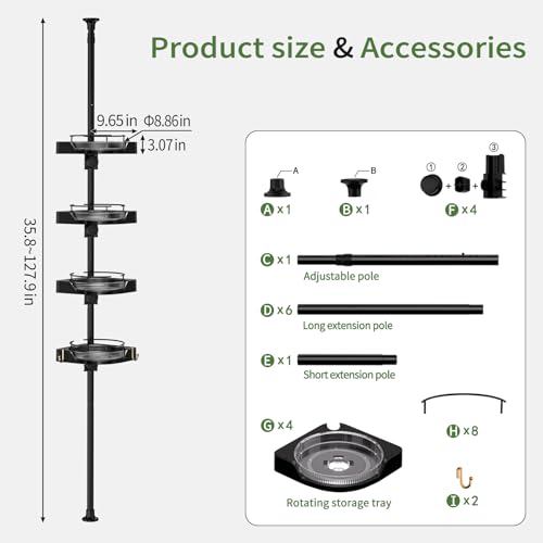 4-Tier Rotating Shower Caddy - Black, Adjustable Rustproof Tension Pole Bathroom Organizer