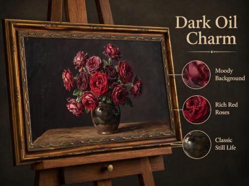 MOGIKE Vintage Framed Burgundy Red Rose Wall Art - 12x24 Inch Floral Canvas for Living Room & Bedroom