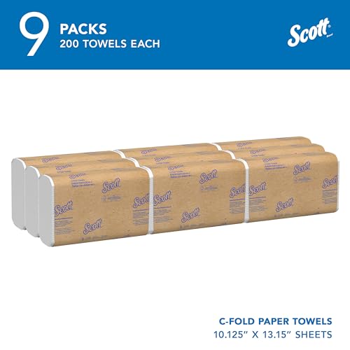 Scott Professional C-Fold Paper Hand Towels Bulk 200 Sheets x 9 Packs, Absorbent Single-Ply White Towels for Commercial Use