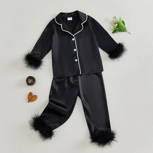 SAYOO Toddler Girl Satin Pajamas Set Black 4-5T Fuzzy Trim Sleepwear