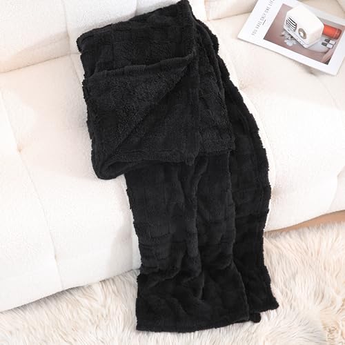 Black Fleece Throw Blanket 108x90 Inches Checkered Design for Couch Sofa - Black / 108x90 in
