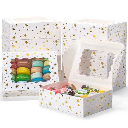 10pcs Christmas Cookie Boxes with Window£¬8x6x2.5in Bakery Boxes for Cookies, Xmas Gold Foil Star Treat Boxes for Gift Giving£¬Cookie Tins Pastry Dessert Cupcakes Candy Donut Packaging