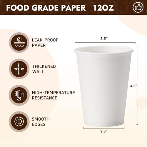 YEEHAW 12 oz Disposable Paper Coffee Cups - 500 Pack White, Leak-Proof, Hot & Cold Beverages