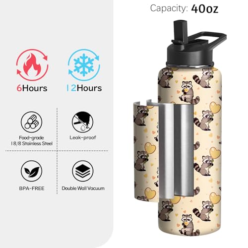 40oz Raccoon Stainless Steel Water Bottle with Handle, Flip Straw – Insulated Travel Mug (Stunnoosy)