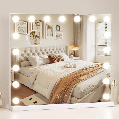 Vanity Makeup Mirror with Lights, 17 Dimmable LED Bulbs, 3 Color Modes, 10X Magnification, Touch Control, White - 23.6"L x 20.5"W