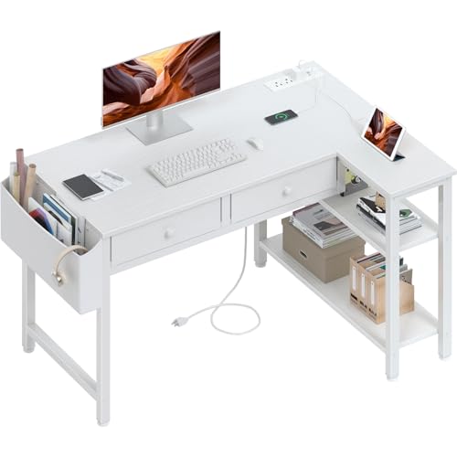 DLisiting White 39.4 Inch L Shaped Corner Desk with Drawers & Shelves - Small Home Office