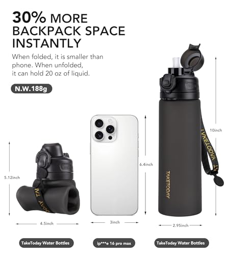 Foldable 21oz Collapsible Water Bottle with Straw & Carry Strap - Black & Jungle