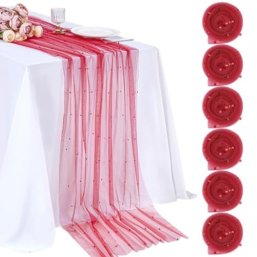 Red Tulle Table Runner Pearl Fabric Christmas Veil Dessert Chiffon