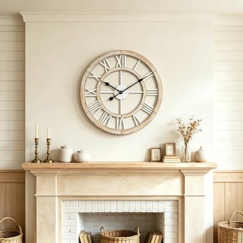 24 Inch Large Rustic Wall Clock - Silent Wooden Farmhouse Decor with Roman Numerals - Light Ivory Variation