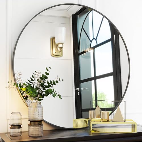 VooBang 30-Inch Black Round Bathroom Mirror with Thin Metal Frame Wall Mount