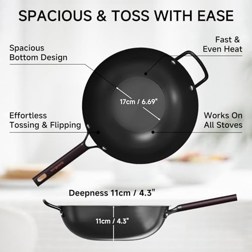 Pre-Seasoned Flat Bottom Carbon Steel Wok with Lid & Spatula - 13.5" - Sumeiguan Variation 1
