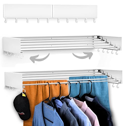 White Foldable Wall-Mounted Clothes Drying Rack - 13.2 Ft, Supports 60 lbs