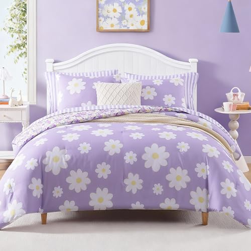 Full Size Purple Daisy Comforter Set for Girls - 7 Pieces Bed in a Bag, Pink & White Floral Bedding, Double-Sided Design, Soft & Cozy, AMBERSPACE