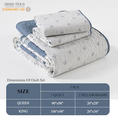 Queen Cotton Quilt Set with Botanical Stripe Design - Moonlight Blue & Gray