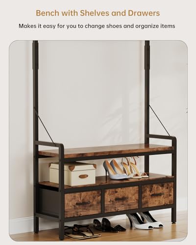 Entryway Hall Tree with Bench, Shoe Storage, 16 Hooks & 3 Drawers