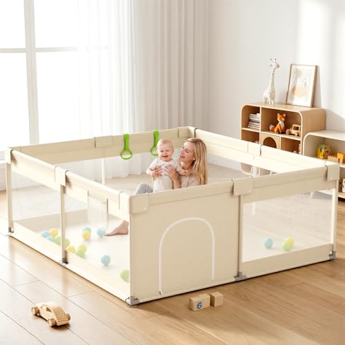 Baby Playpen 47x47 Inch with Mesh Sides, Safety Guard & Storage Pockets - Beige