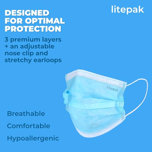 Litepak Blue Disposable 3-Ply Face Masks - 2000 Pack, Breathable & Hygienic