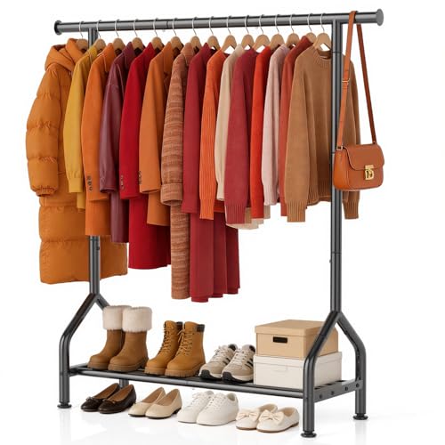 Black Clothing Rack with Shelf and Leveling Feet - Sturdy Metal Garment Organizer