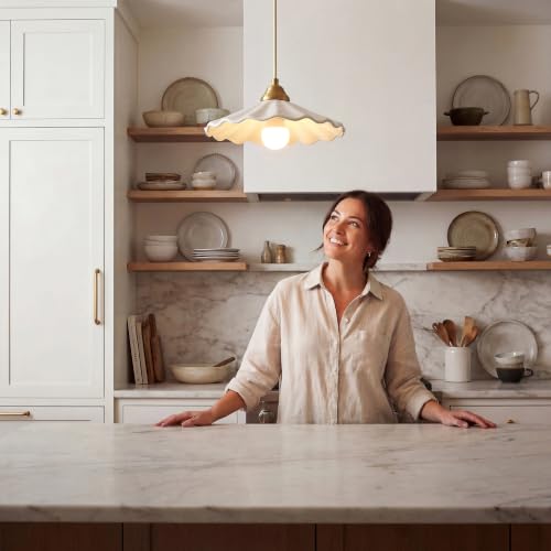 White Scalloped Ceramic Pendant Light, Vintage Kitchen Island Light