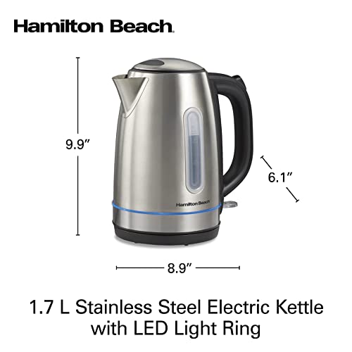 Hamilton Beach Electric Tea Kettle, Water Boiler & Heater, 1.7 Liter, Cordless Serving, 1500 Watts for Fast Boiling, Auto-Shutoff and Boil-Dry Protection, Red with LED Light Ring (41060)