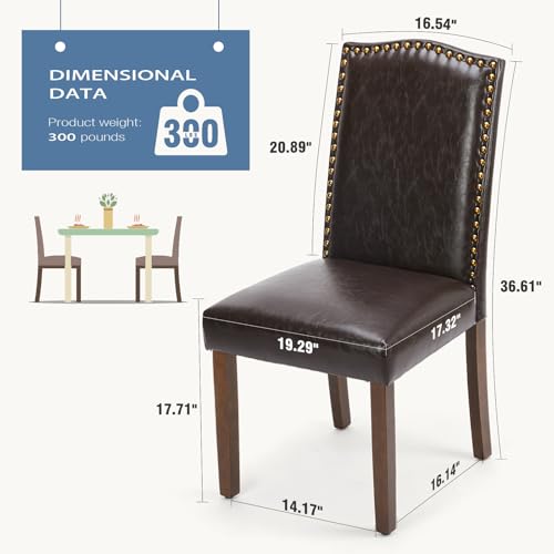 Dining Chairs Set of 2 - Brown PU Leather Kitchen Chairs - DUMOS