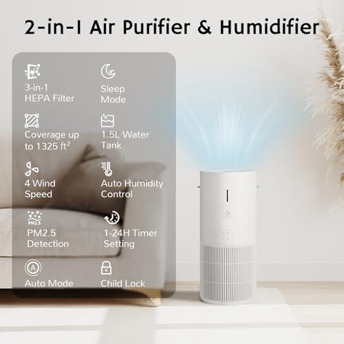 AIRTHEREAL 2-in-1 Air Purifier & Humidifier for Large Room Up to 1200