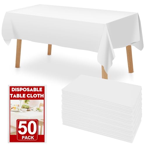 RowinsyDD 50 Pack White Disposable Plastic Tablecloths - Waterproof & Large 54x108 Inches