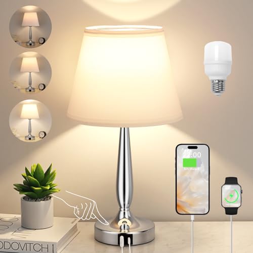 Kakanuo Silver Touch Bedside Table Lamp with USB & 3-Way Dimmable Light - White & Silver