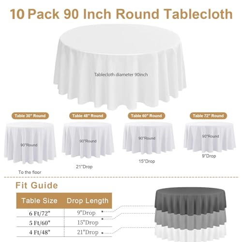 Yemosa 10 Pack White 90 Inch Round Polyester Tablecloths - Stain & Wrinkle Resistant