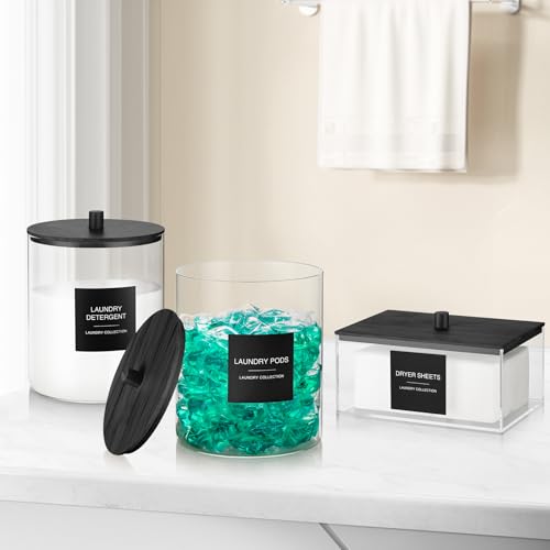 TIPGO Black Glass Jar & Acrylic Dryer Sheet Holder Set with Measuring Cups for Laundry Room Organization