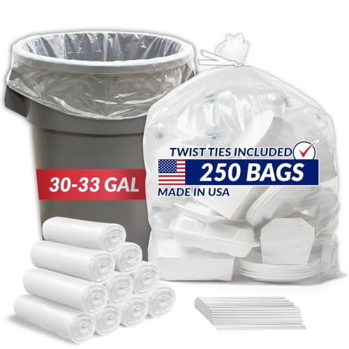 Heavy Duty 30-33 Gallon Trash Bags - Leak-Proof Clear Garbage Bags 250 Count