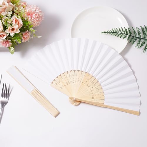 50pcs White Paper Hand Fans with Bamboo Frames for Weddings Parties & Decor