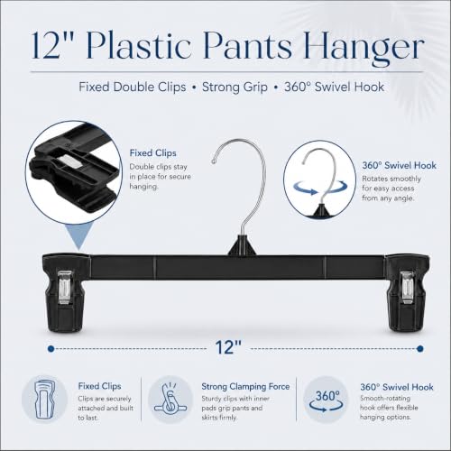 Smartor 60 Pack Black Pants & Skirt Hangers with Clips, 12 Inch, Heavy Duty Non-Slip Clamps