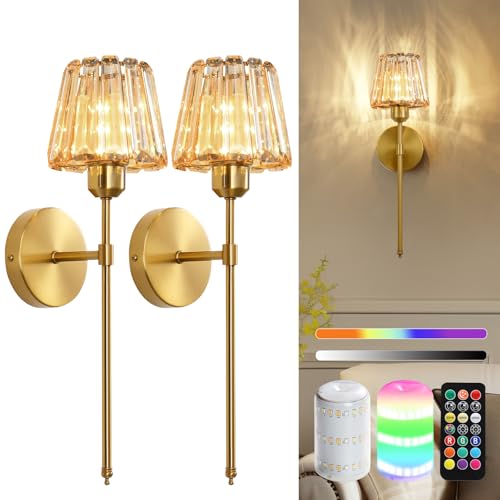 Amber Rechargeable Crystal Wall Sconce Set of 2 with Remote, Dimmable 12 Color Modes, Battery Operated LED Wall Lights for Bedroom & Living Room