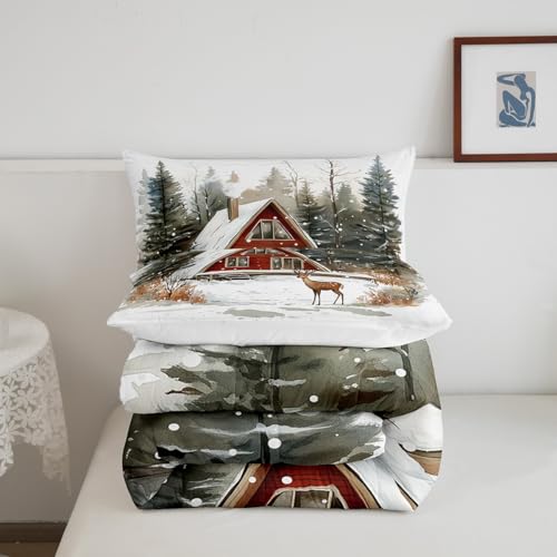 Manfei Cute Deer Bedding Set Queen – Green Red 3pc Comforter Set with Pillowcases, Kids Room Quilt