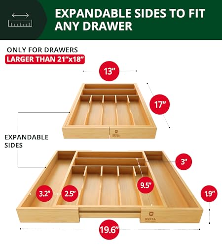 Royal Craft Wood Natural Bamboo 9 Slot Flatware Organizer for Kitchen Drawer - Expandable Silverware Tray